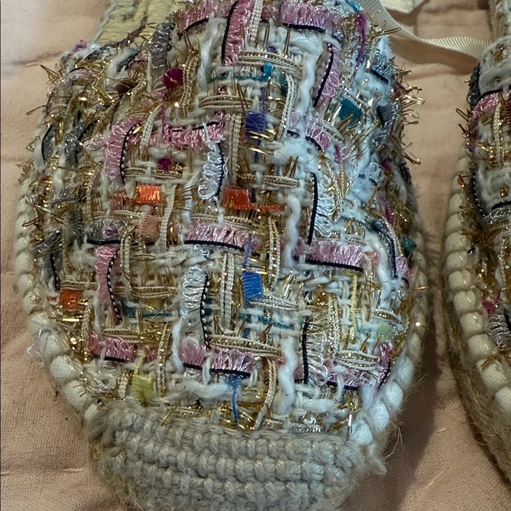 LK Bennett Multicolor Gold Sparkle Woven Espadrille Flats Ribbon Tie 38 8